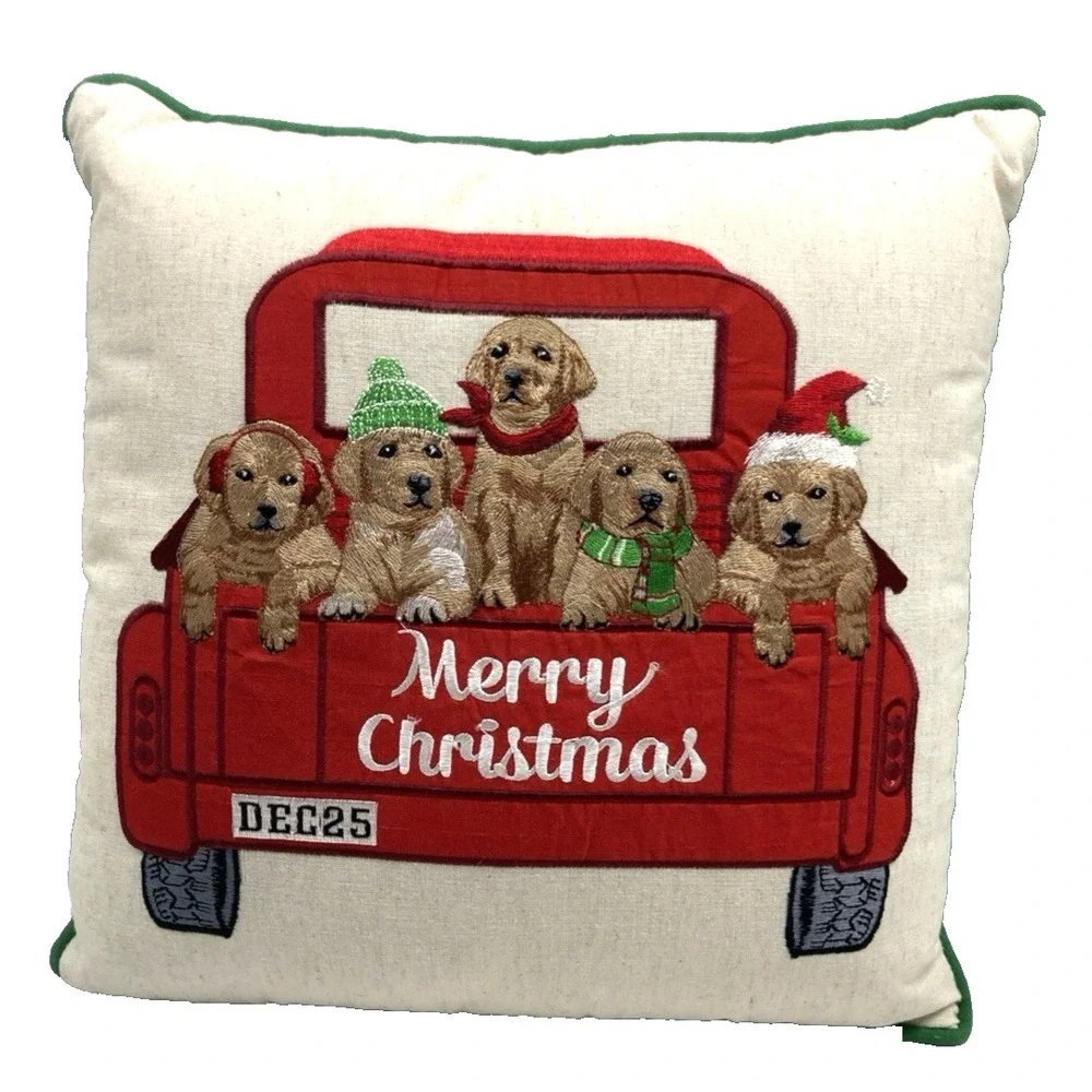 Vtg Pier 1 Merry Christmas Embroidered Pillow Dogs In Red‎ Truck 16x16